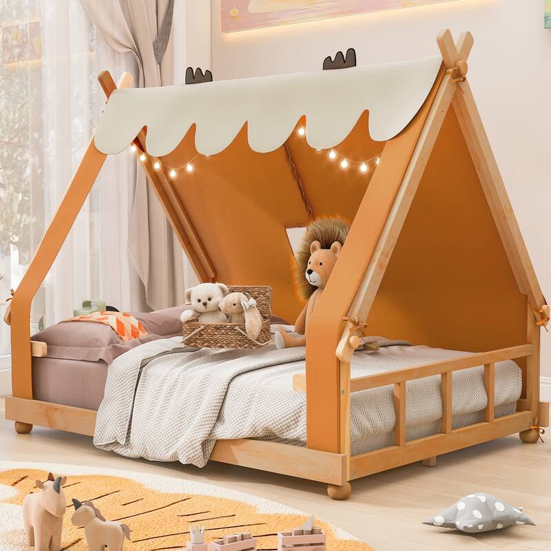 House Bed with Antler Accents Light Tent and Roof Wood Bed Frame