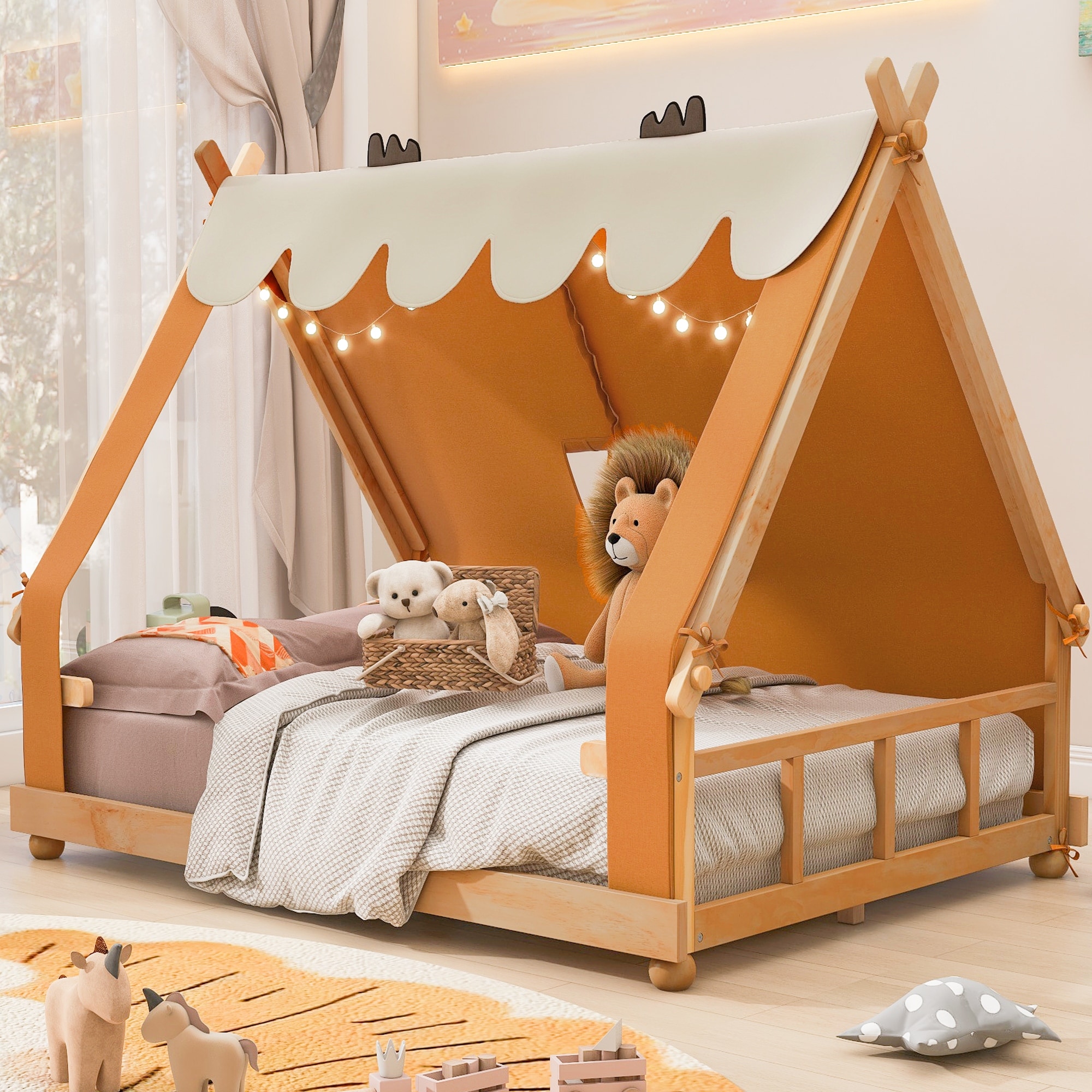 Roomfitters House Bed with Tent and Light Convertible Canopy Frame MDF