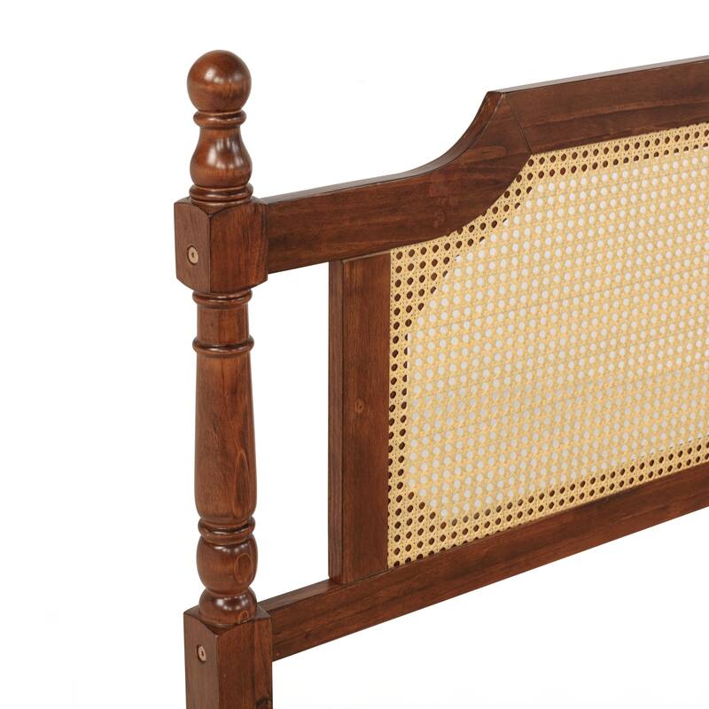 King Pine wooden Bed with Rattan Headboard and Footboard, with Central Enhanced Bed Platform