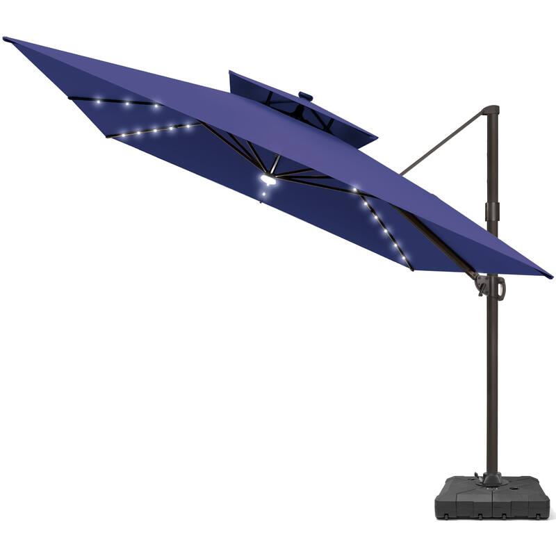 11 FT Square Outdoor Patio Cantilever Umbrella with Solar Lights Wheeled Base Double Canopy 360 Rotation Tilt
