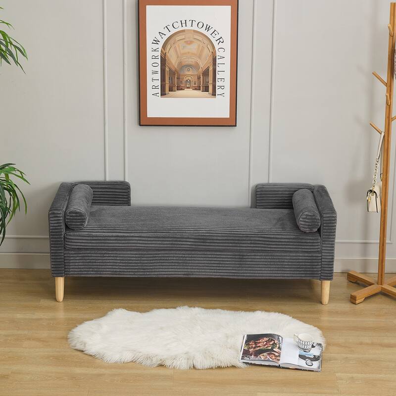 Corduroy Storage Soft Bench with Armrests, Backrest and Two bolster Pillows for Living Room, Entryway and Bedroom - Grey