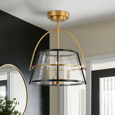 Mid-Century Brass Black Seeded Glass Cage Ceiling Light - 14 Inches
