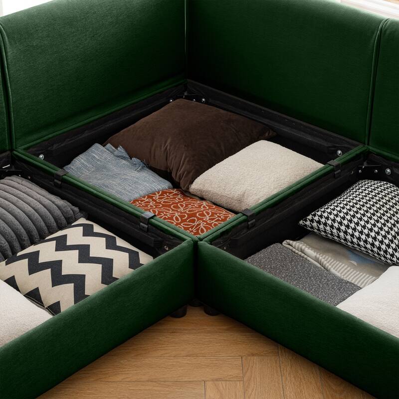 142.5" Extra Large U-Shaped Chenille Sectional Sofa with Storage Ottoman and Cylindrical Backrest(4-Seater Modular Design)