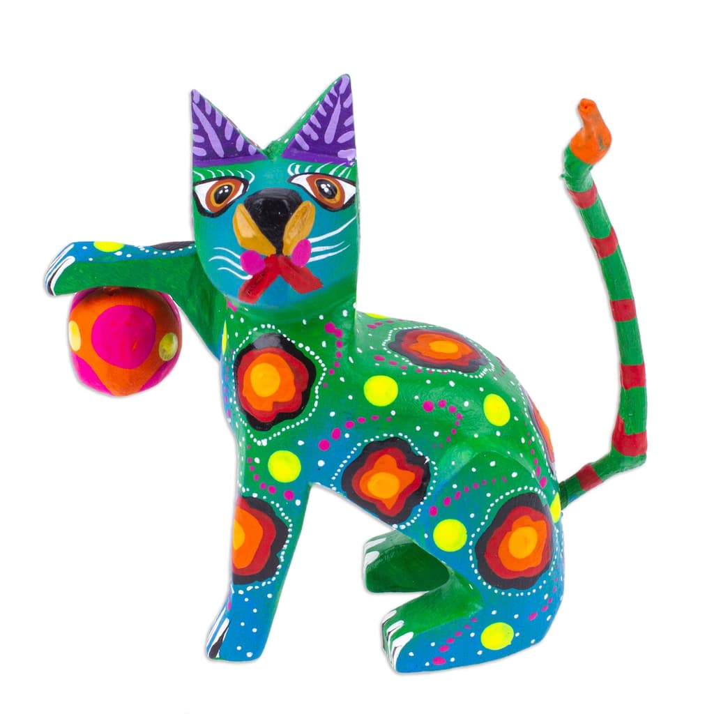 Novica Handmade Feline Sport In Green Wood Alebrije Figurine