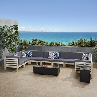 Malawi Outdoor 12 Piece U-Shaped Acacia Wood Sectional Sofa Set and Cushions with Fire Pit by Christopher Knight Home