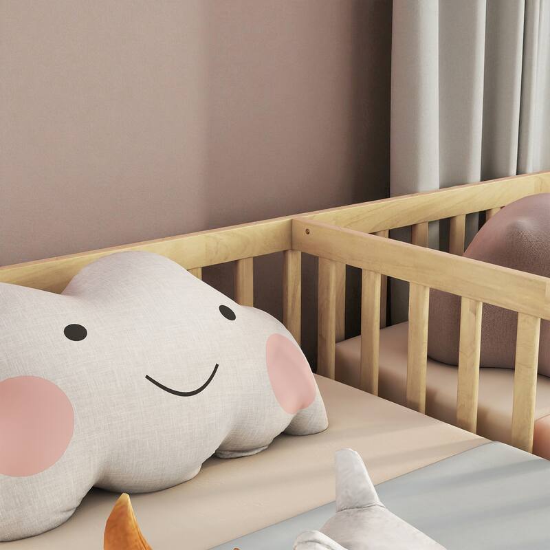 Double Twin Floor Bed with Fence and Guardrails, Solid Pine Wood Frame Montessori Bed for Kids