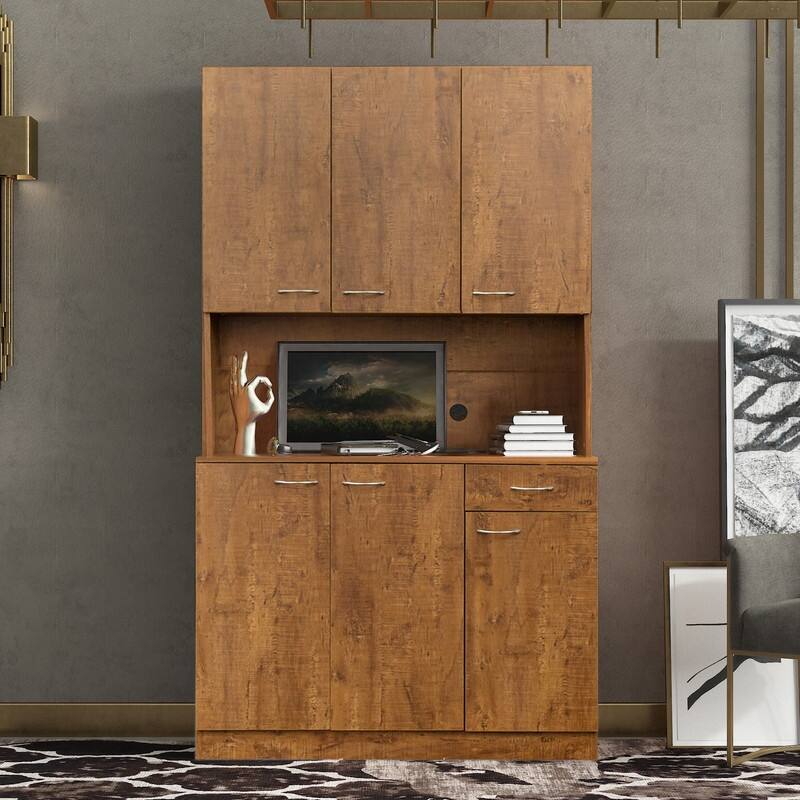 70.87" Tall Wardrobe& Kitchen/ Entryway Cabinet, with 6-Doors, 1-Open Shelves and 1-Drawer for Bedroom, Entryway and Dining Room - Walnut