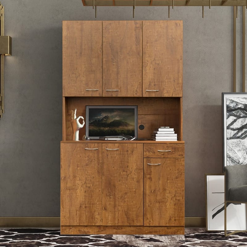 Kitchen Pantry Cabinet Storage Hutch with 6-Doors, 1-Open Shelves and 1-Drawer - Walnut