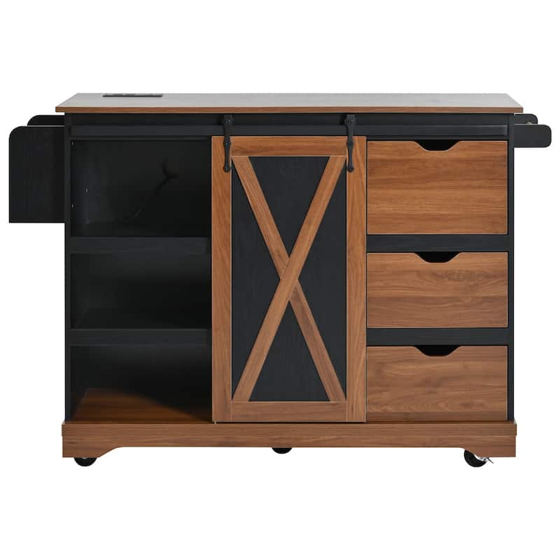 55.5" Farmhouse Kitchen Island with Drop Leaf, Power Outlet, Rolling Wheels and Spice Rack - 55.5'' x 28.75'' x 36.9''