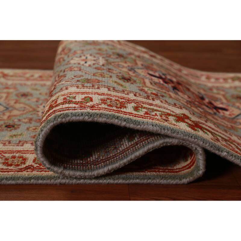 Hand Knotted Oriental 100% Wool Carpet Traditional Geometric Green Heriz (serapi) Runner Rug - 8' 0'' X 2' 6''
