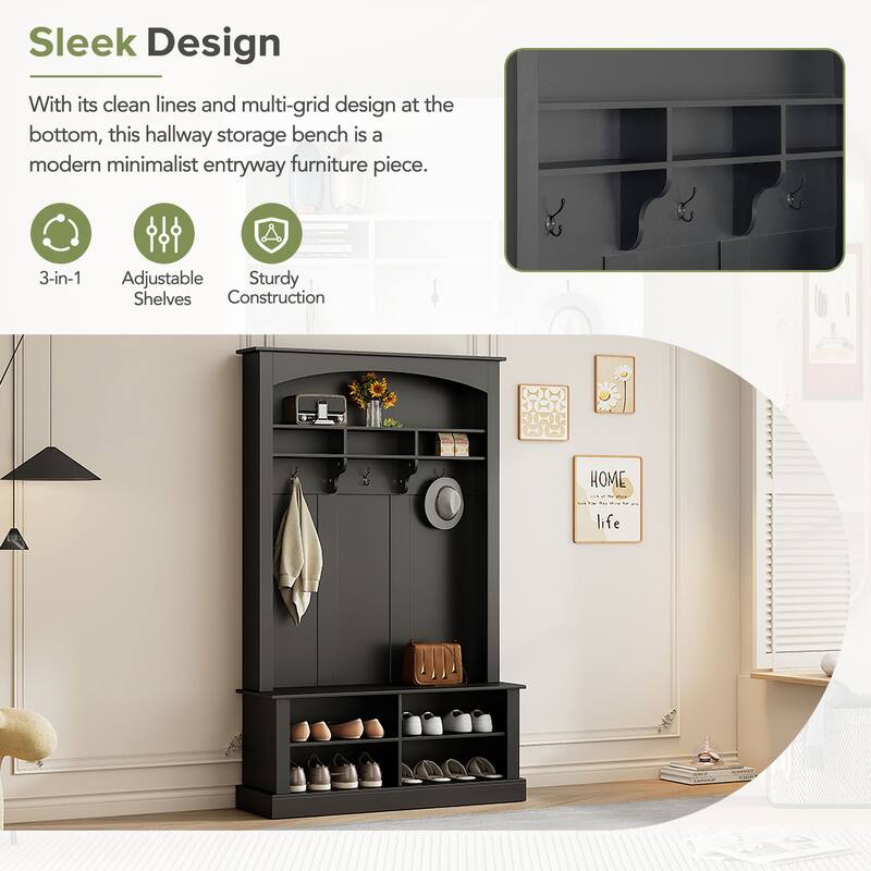 47.2'' Wide Hall Tree with Bench, Shoe Storage & 3 Hooks - Multi-Functional Storage Bench with Adjustable Shelves