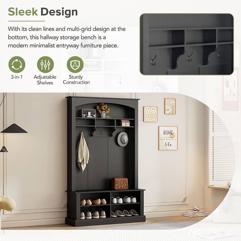 Hall Tree with Bench & Shoe Storage, Multi-functional Storage Bench w/ 3 Hanging Hooks & Open Storage Space, Rectangle Coat Rack