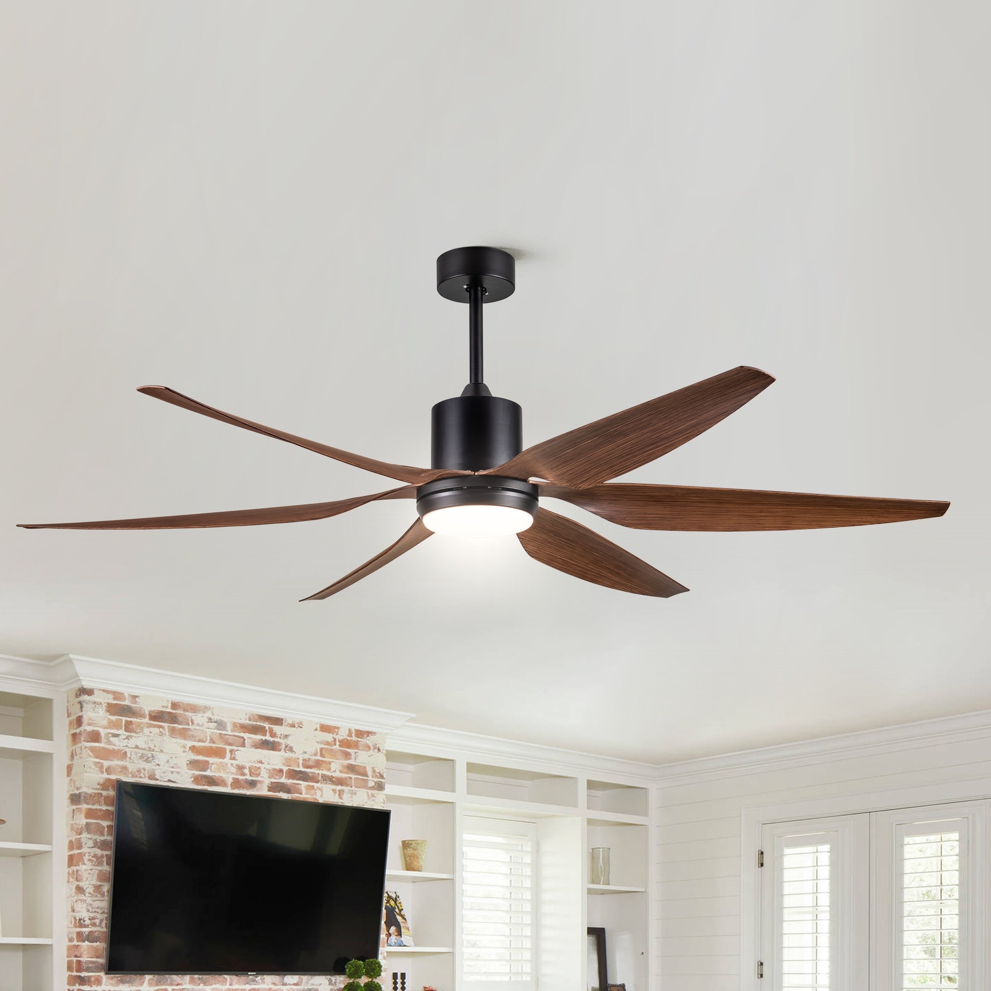 66" Vintage Ceiling Fan, Lighting with Brown Blades in Integrated LED