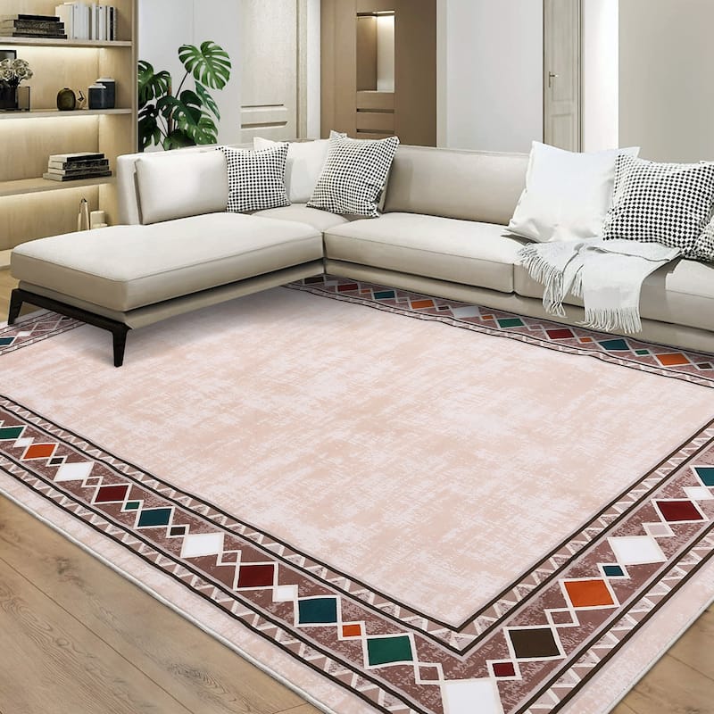 Garvee Machine Washable Rug Modern Bordered Area Rugs - 9' x 12' - Beige