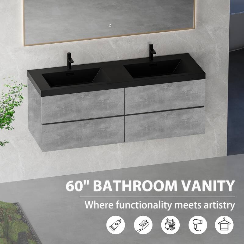 GDFStudio - Carter Floating Bathroom Vanity with Black Quartz Sand Countertops & Soft-Close Drawers