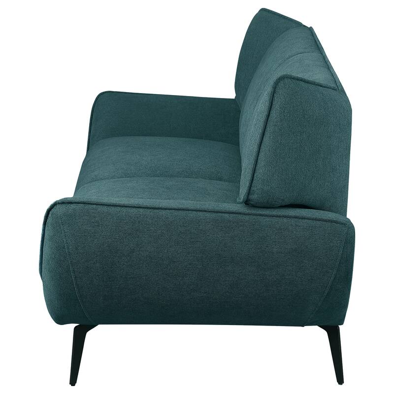 Toer 84 Inch Wide Sofa, Flared Arms, Soft Teal Blue Upholstery, Black Metal