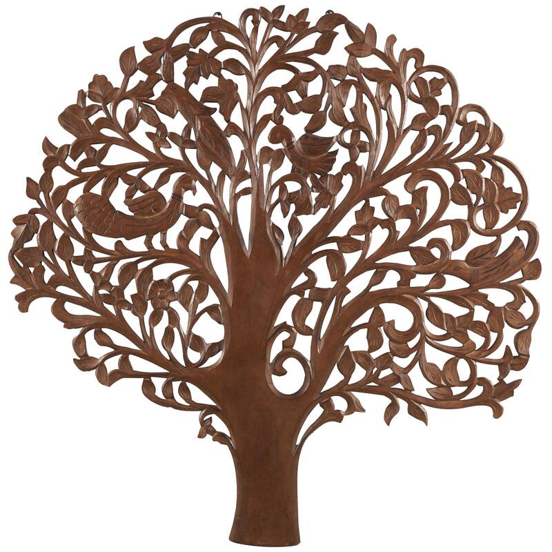 Brown Wooden Carved Tree Home Wall Decor with Animal Accents