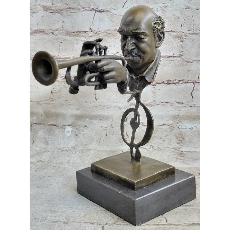 Abstract Bronze Metal Bust Sculpture Statue Of Trumpet Player On Marble Base Signed Art