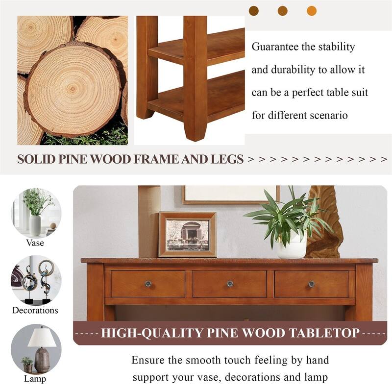 48'' Solid Pine Wood Top Console Table with 3 Storage Drawers