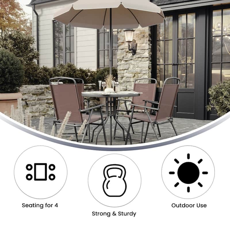 Nantucket 6 Piece Patio Garden Set with Table, Umbrella and 4 Folding Chairs