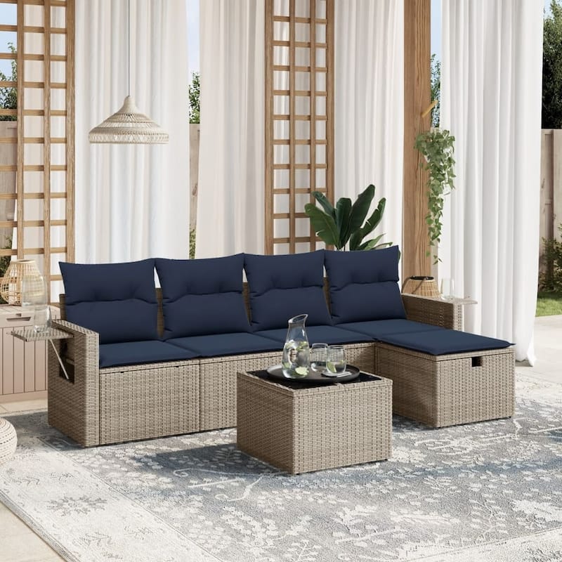 vidaXL Patio Sofa Set with Cushions Outdoor Conversation Furniture Poly Rattan - 21.7" x 24.4" x 27.2" - Gray with table