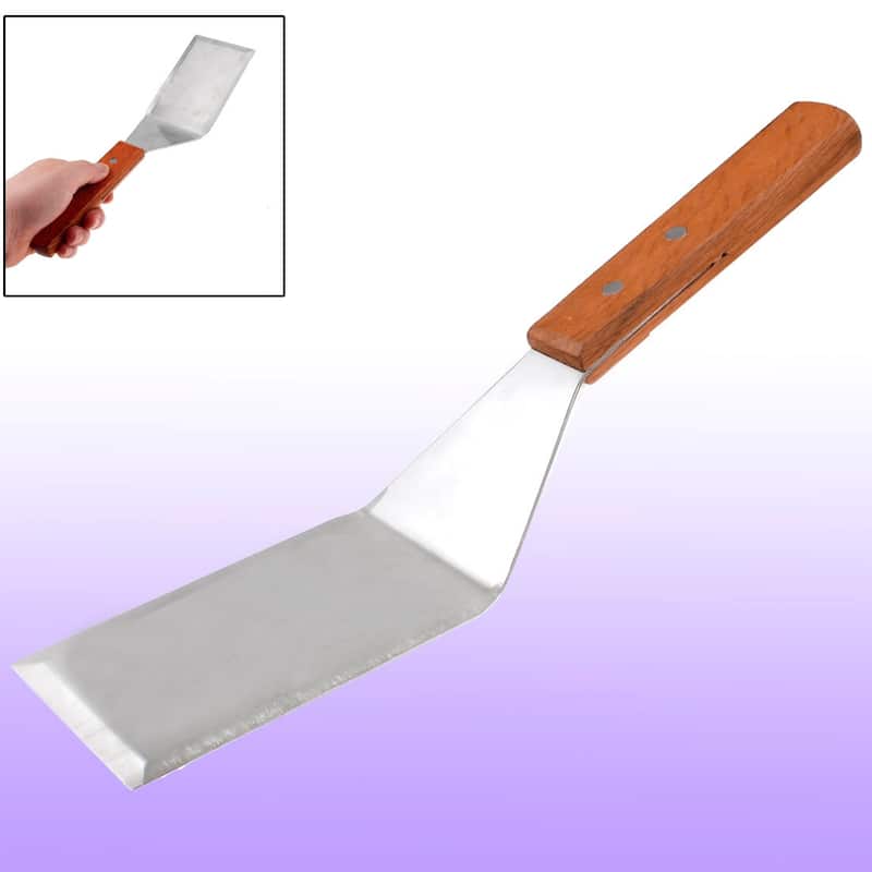 Wood Handle Silver Tone Stainless Steel Smooth Wide Spatula 11.2" Long