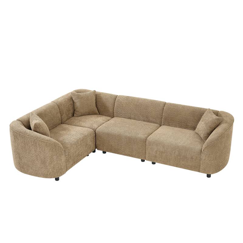 L-Shaped Curved Sectional Sofa, Boucle Upholstered 4-Seater Sofa, Corner Sofa with Pillows for Living Room, Apartment