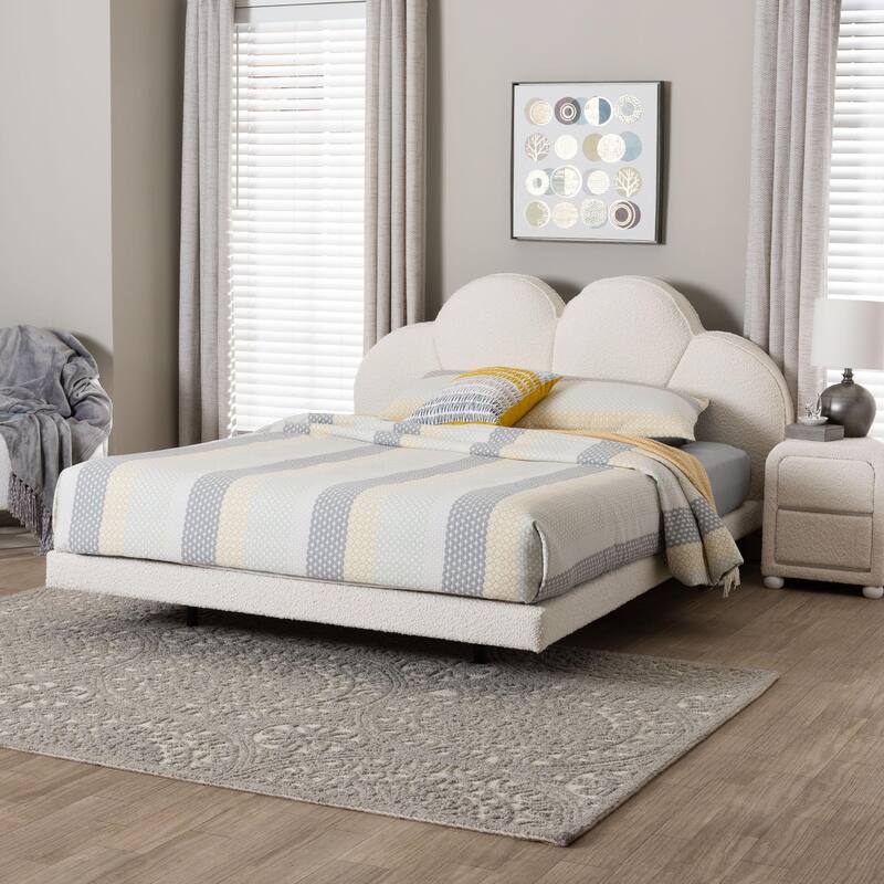 Barrera Floating Platform Bed with Scalloped Headboard - Low Profile Minimalist Boucle Upholstered Bed Frame