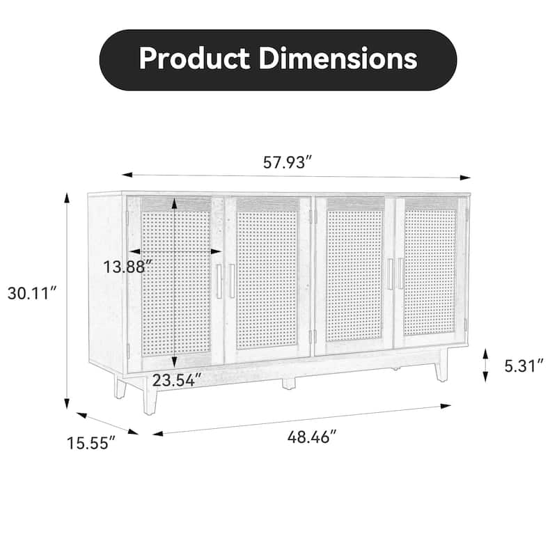Modern 4 Door Wood Rattan Buffet Sideboard Storage Cabinet
