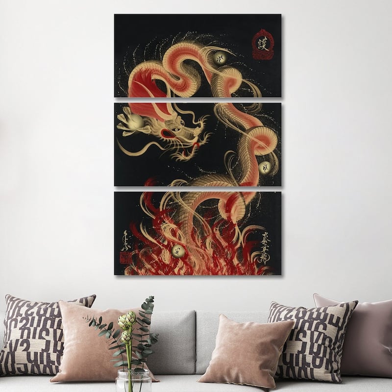 iCanvas "Protective Fire Dragon" by One-Stroke Dragon 3-Piece Canvas Wall Art Set - 60x40x1.5