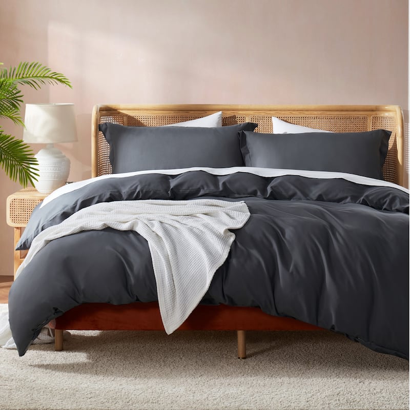 Nestl Ultra Soft Double Brushed Microfiber Duvet Cover Set with Button Closure - Charcoal Stone Gray - Queen
