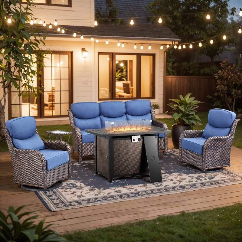 Pocassy Patio Furniture Set with 43 inch Fire Pit Table - Blue Cushion Brown Wicker - 5-Piece Sofa Siwvel Chair Table w/ Fire Pit Table