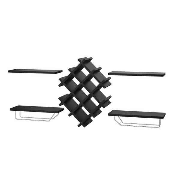 Set of 5 Wall Mount Wine Rack Storage Shelves and Glass Holder Bed