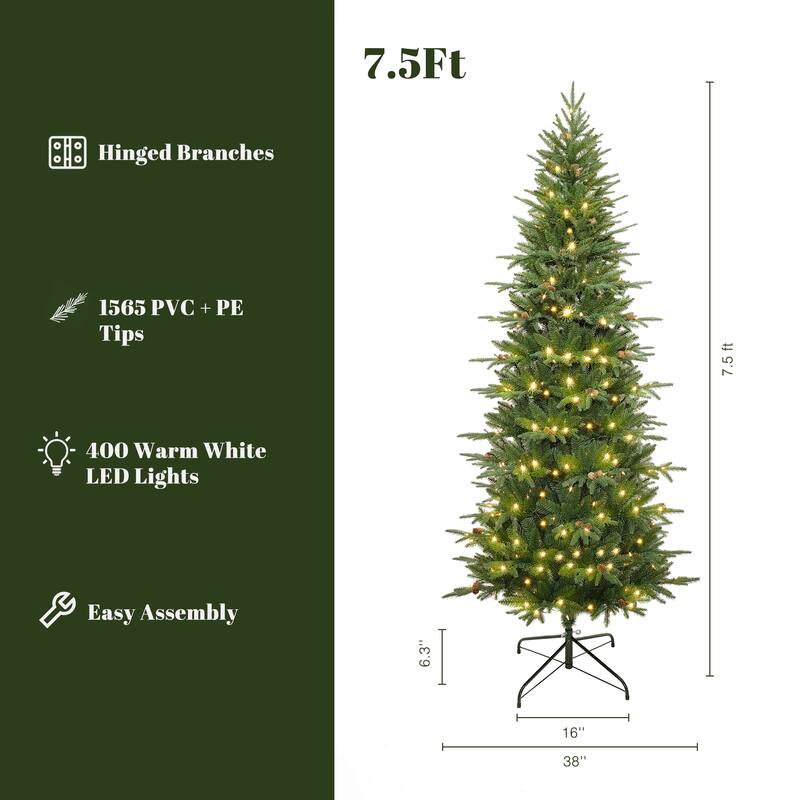 7.5Ft Pre-Lit Hinged Green Slender Artificial Christmas Tree with Pinecones - 90" H x 38" Diameter