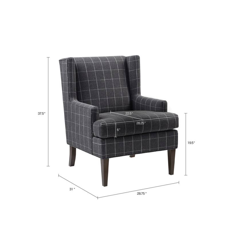 Roomfitters 360 Degree Swivel Accent Chair, Plaid Wingback Armchair, Upholstered Martha Stewart Lounge Seating, Charcoal Grey
