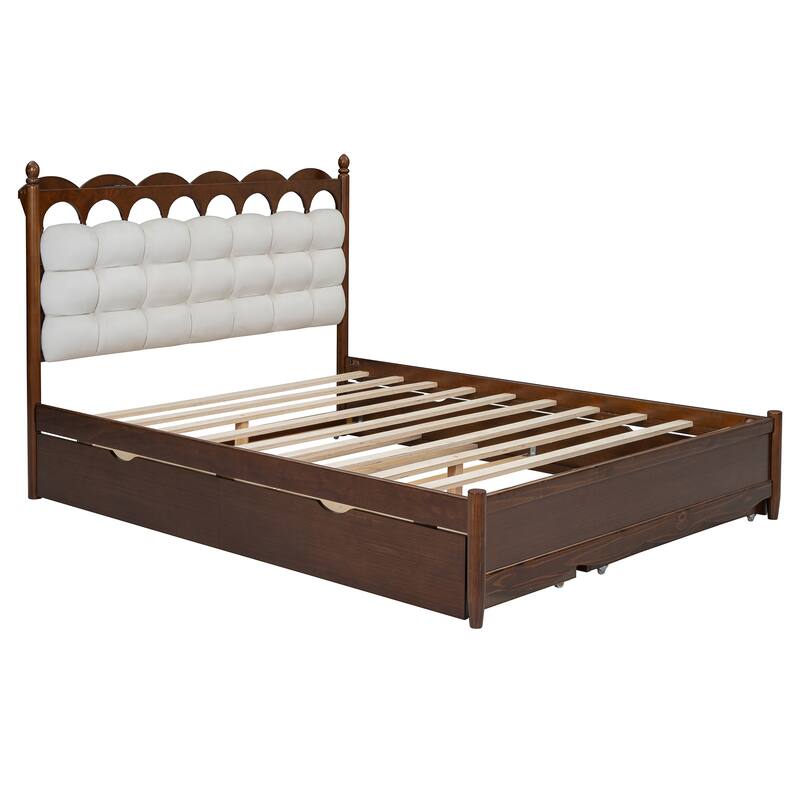 Queen Size Wooden Platform Bed Frame with Trundle, 2 Big Drawers and USB Ports, Stylish and Functional Bedroom Furniture