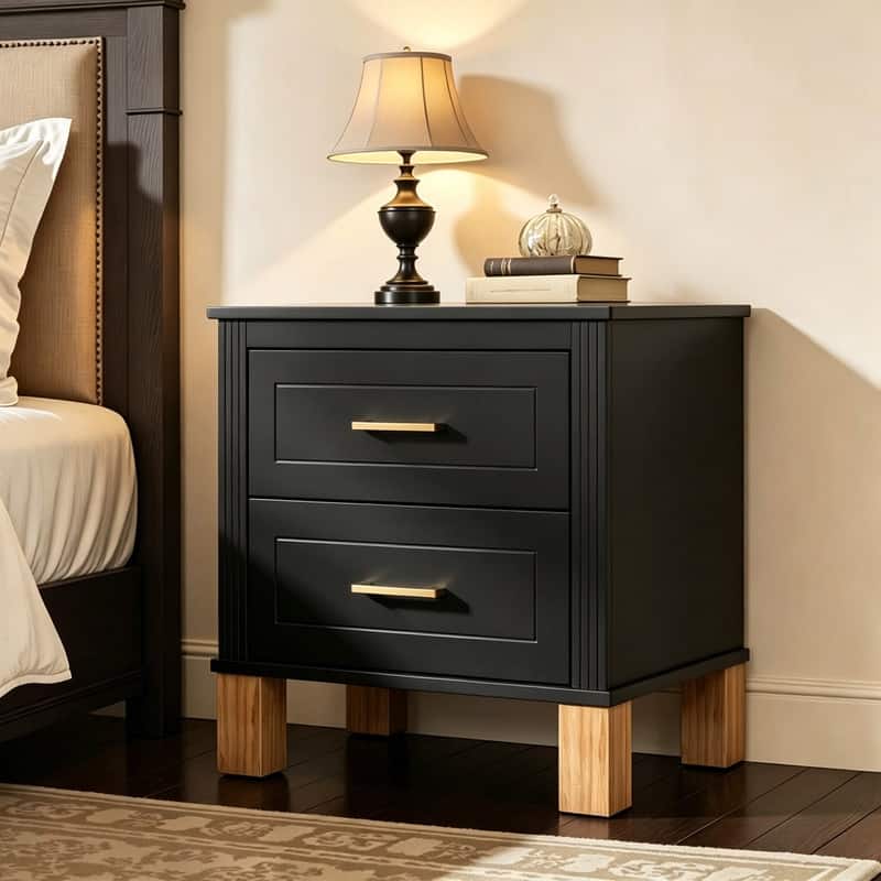 Traditional 2 - Drawer Nightstand with Solid Wood Legs for Bedroom Living Room