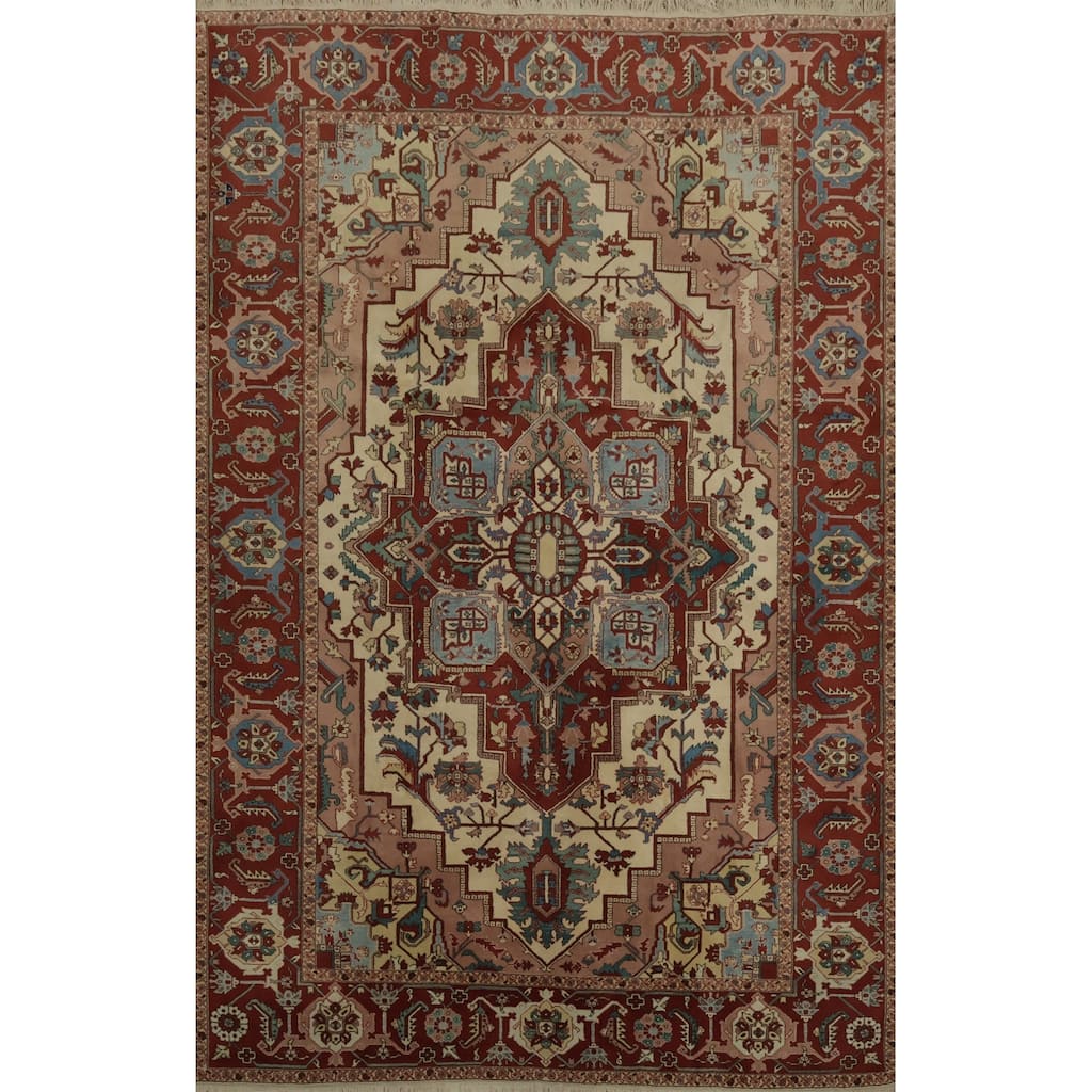 Hand Knotted Oriental 100% Wool Carpet Traditional Floral Beige & Ivories Heriz (serapi) Area Rug - 11' 2'' X 8' 10''