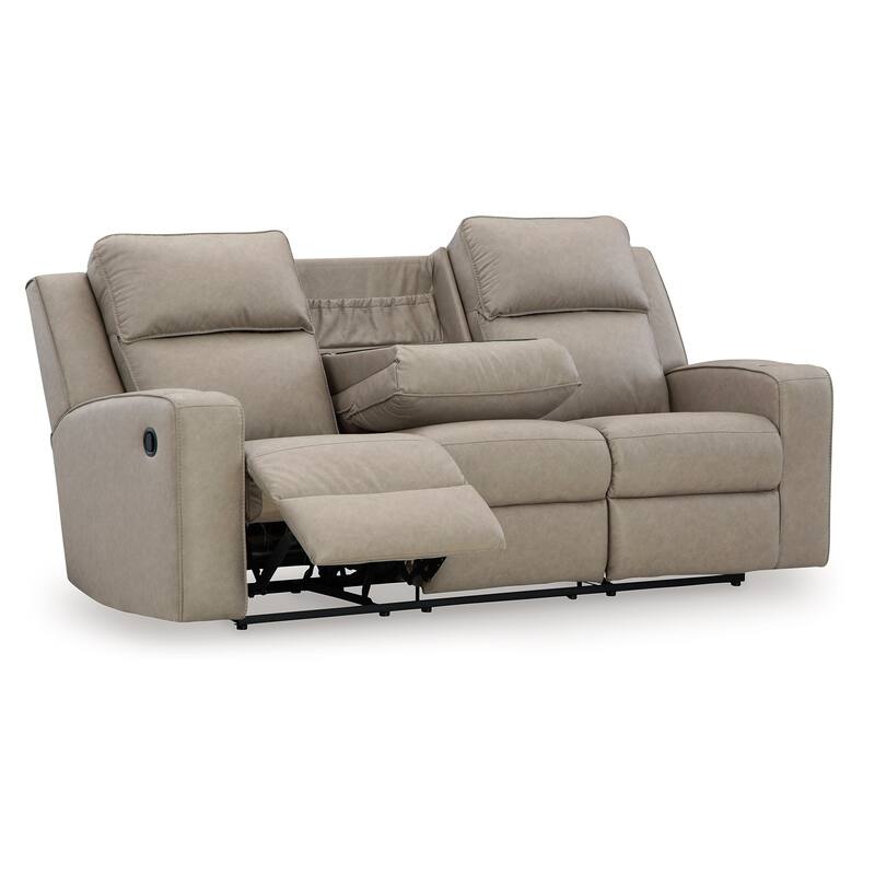 Livie Manual Recliner Sofa, USB, Table, 87in Beige Gray Faux Leather