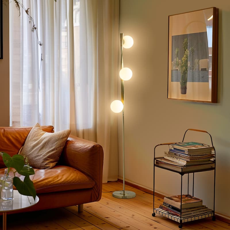Brightech Nola 60 in. Antique Brass Industrial 3-Light 3-Way Dimming LED Floor Lamp with 3 Frosted White Glass Globe Shades