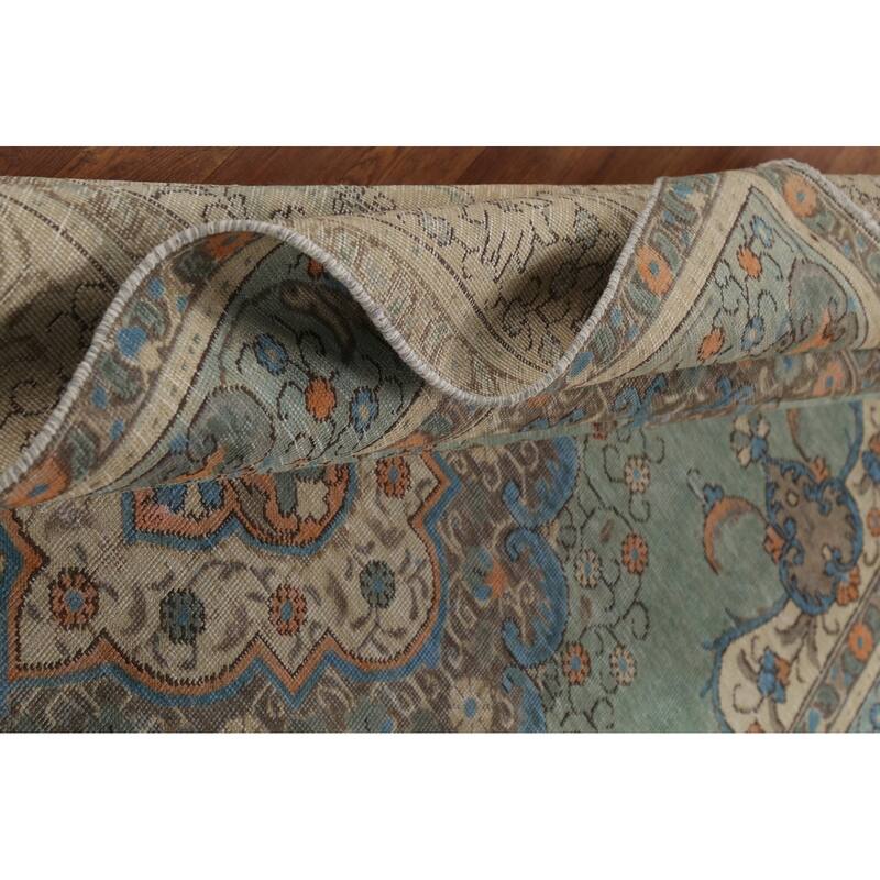 Turquoise Green Tabriz Persian Vintage Area Rug Handmade Wool Carpet - 6'8"x 9'6"