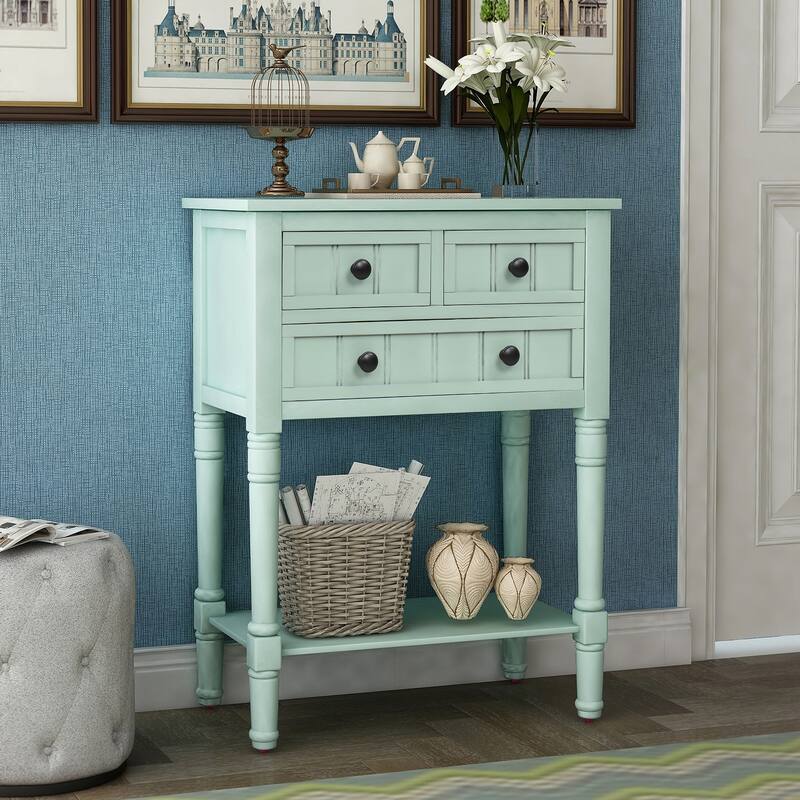 Narrow Console Table, Slim Sofa Table with Three Storage Drawers and Bottom Shelf - Antique Blue