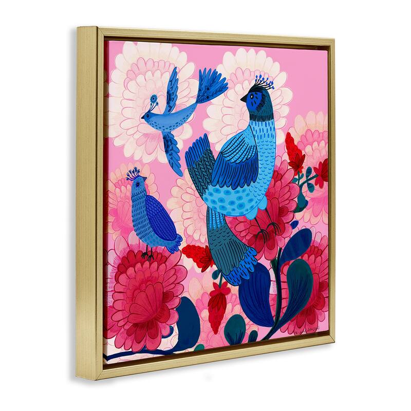Stupell Folk Birds on Dahlias Framed Floater Canvas Wall Art Design By Kay Widdowson