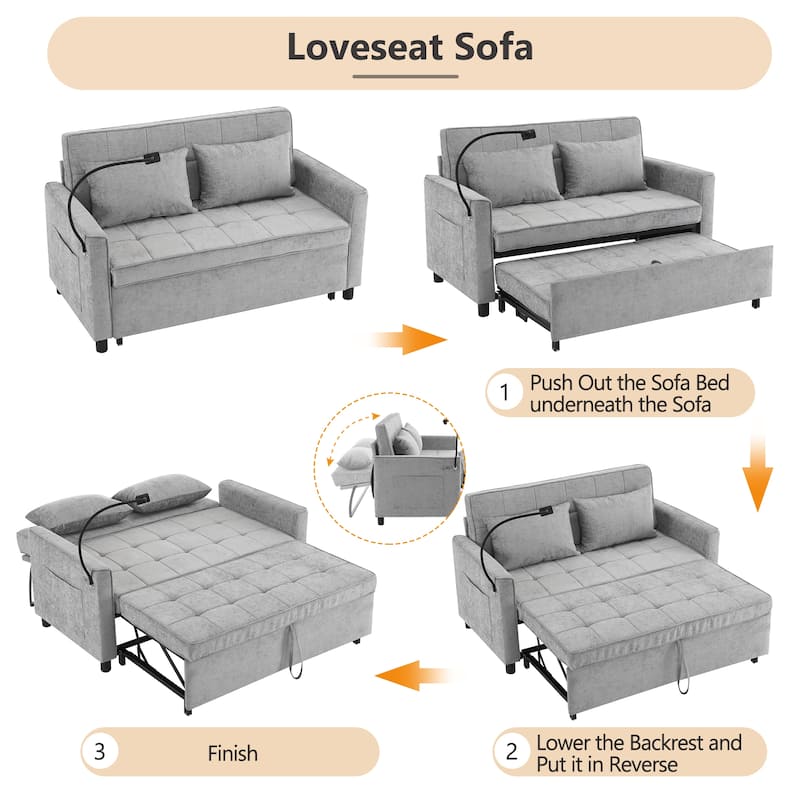 Chenille Luxe Loveseat Sofa Bed with Reversible Backrest, USB Charging, Adjustable Phone Holder by Harper&Bright Designs