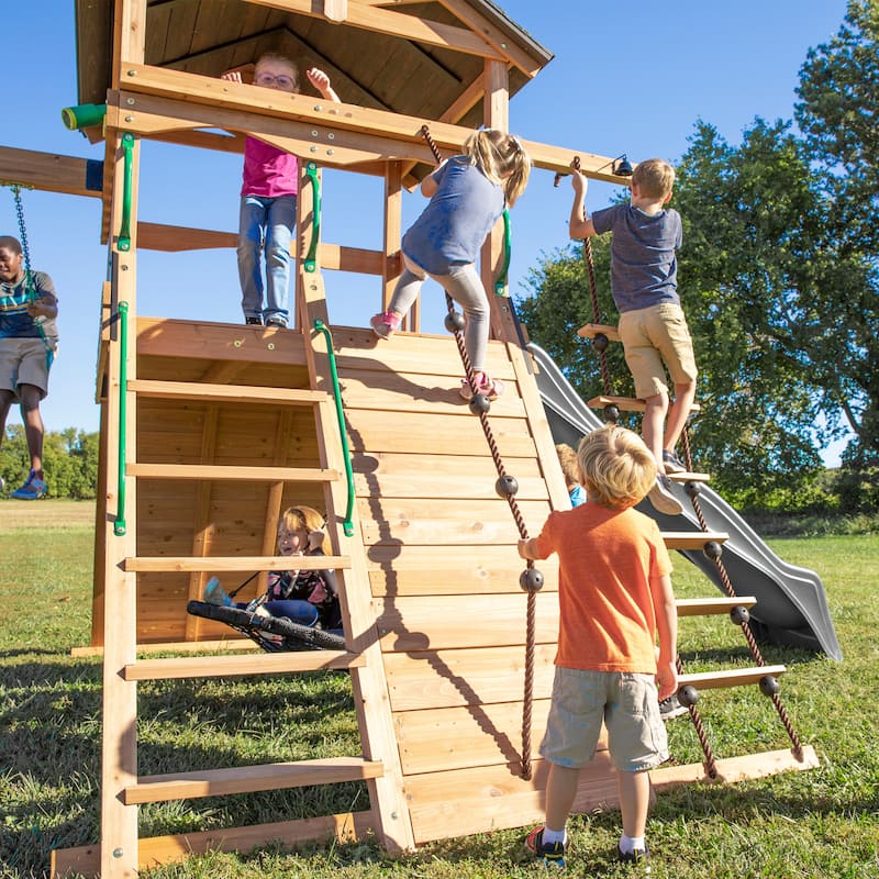 Backyard Discovery Endeavor Cedar Wood Swing Set, Slide, Play Deck