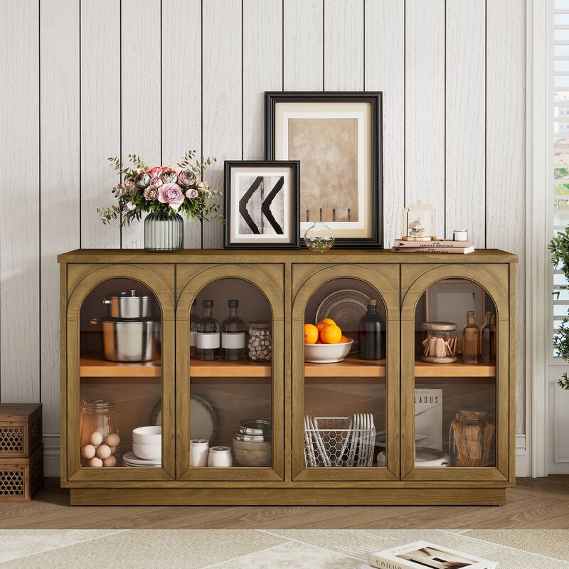 4-Door Large Storage Buffet Cabinet with Arched Glass Doors & Adjustable Shelves