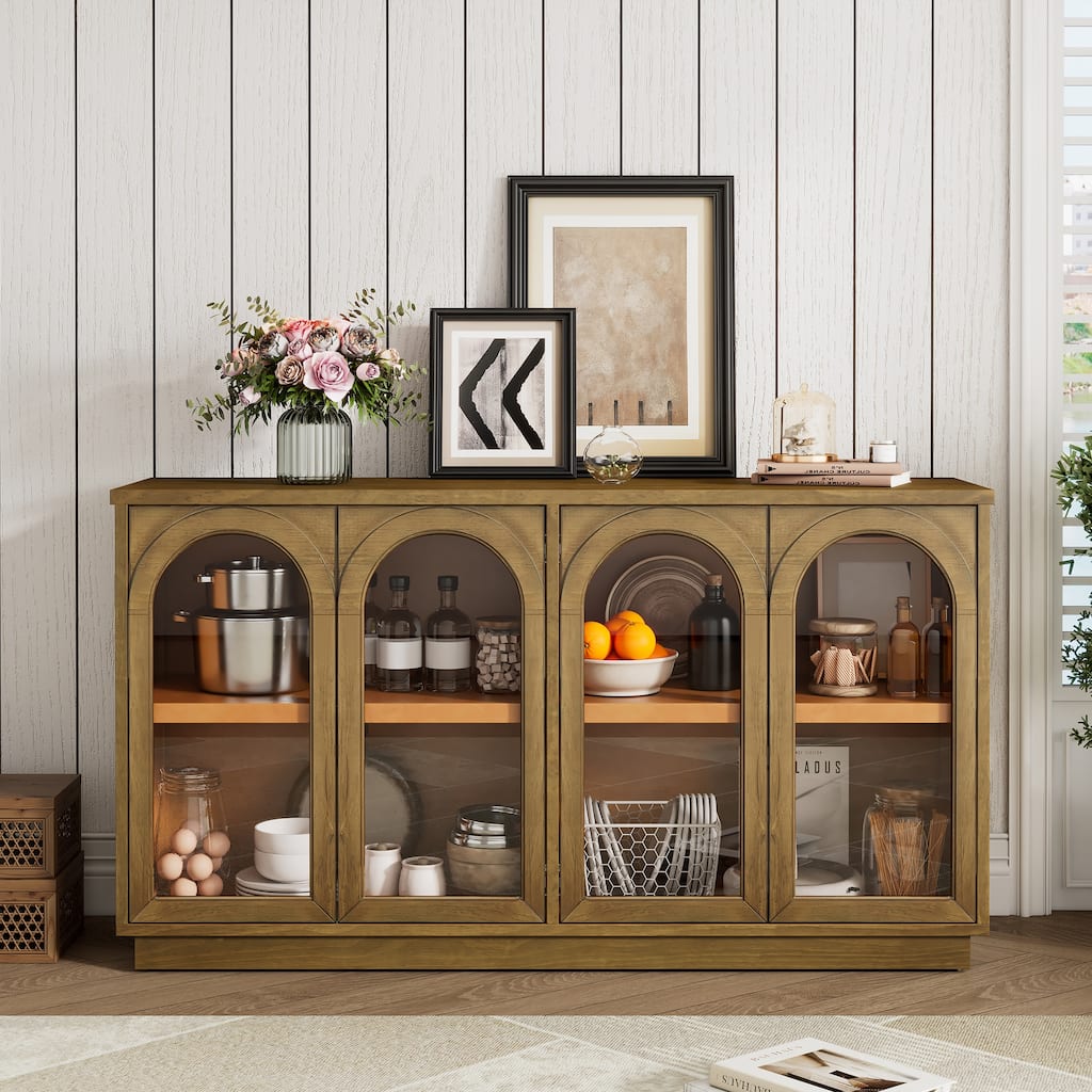 4-Door Large Storage Buffet Cabinet with Glass Doors, Arched Cabinet with Adjustable Shelves
