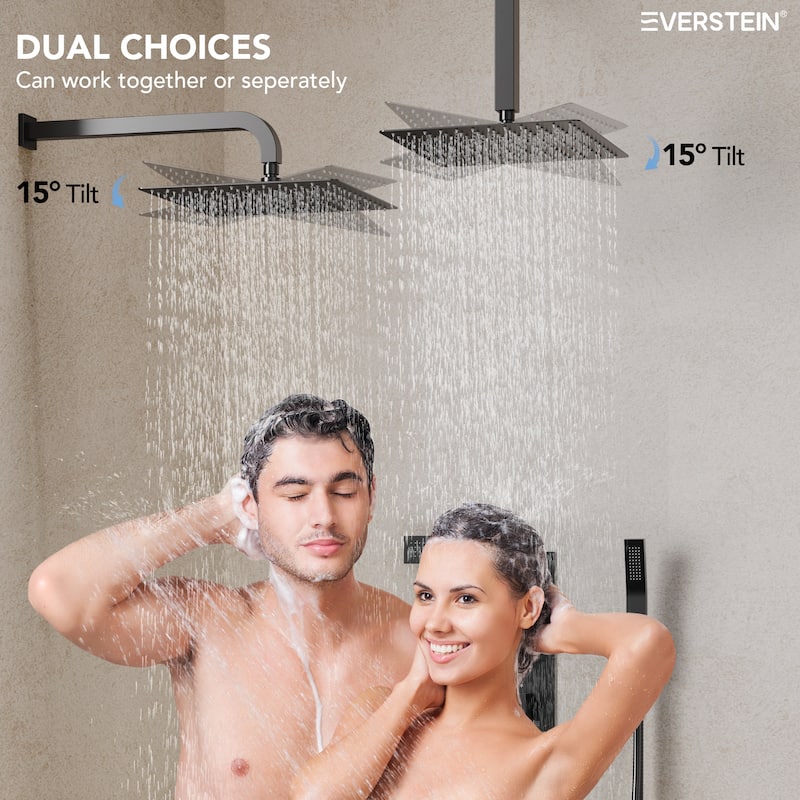 Thermostatic Faucet System 12" Dual Showerheads with 3 Body Jets and Rough-In Valve