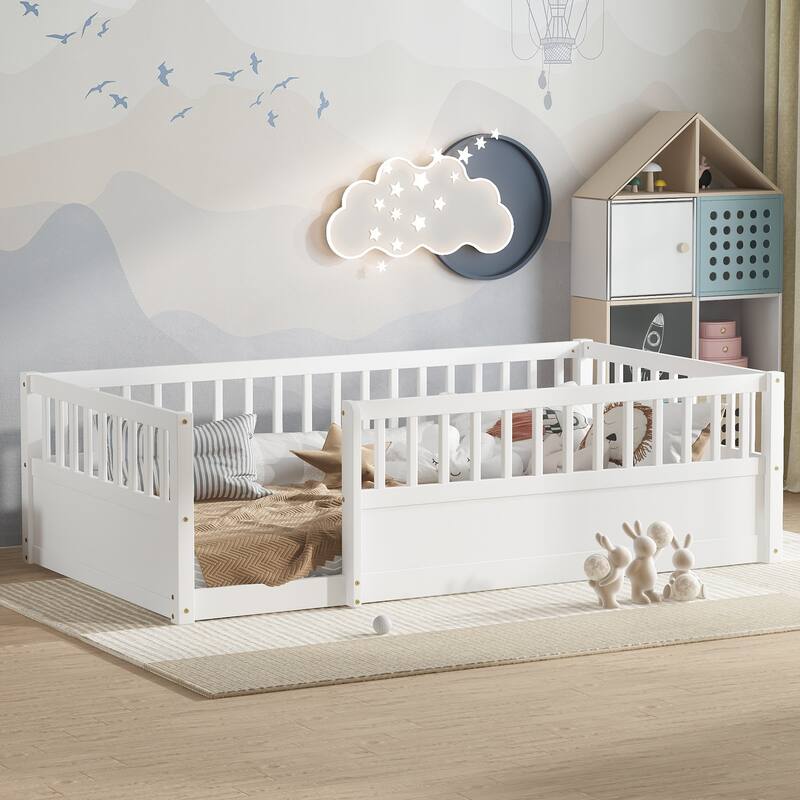 Solid Wood Floor Bed Frame without Slats, Montessori Kids Floor Beds with Full Length Fence, No Box Spring Needed