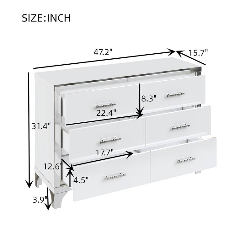 Dresser with Metal Handle,Mirrored Storage Cabinet with 6 Drawers